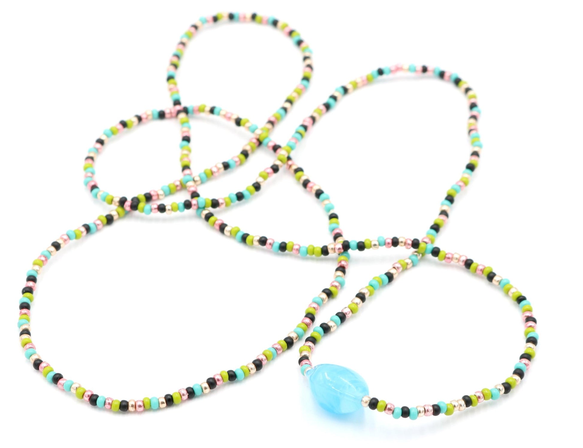 Sugar and Spice X Marks the Spot 40" Long Pink, Green, and Blue Long Glass Necklace - Monkeysmojo