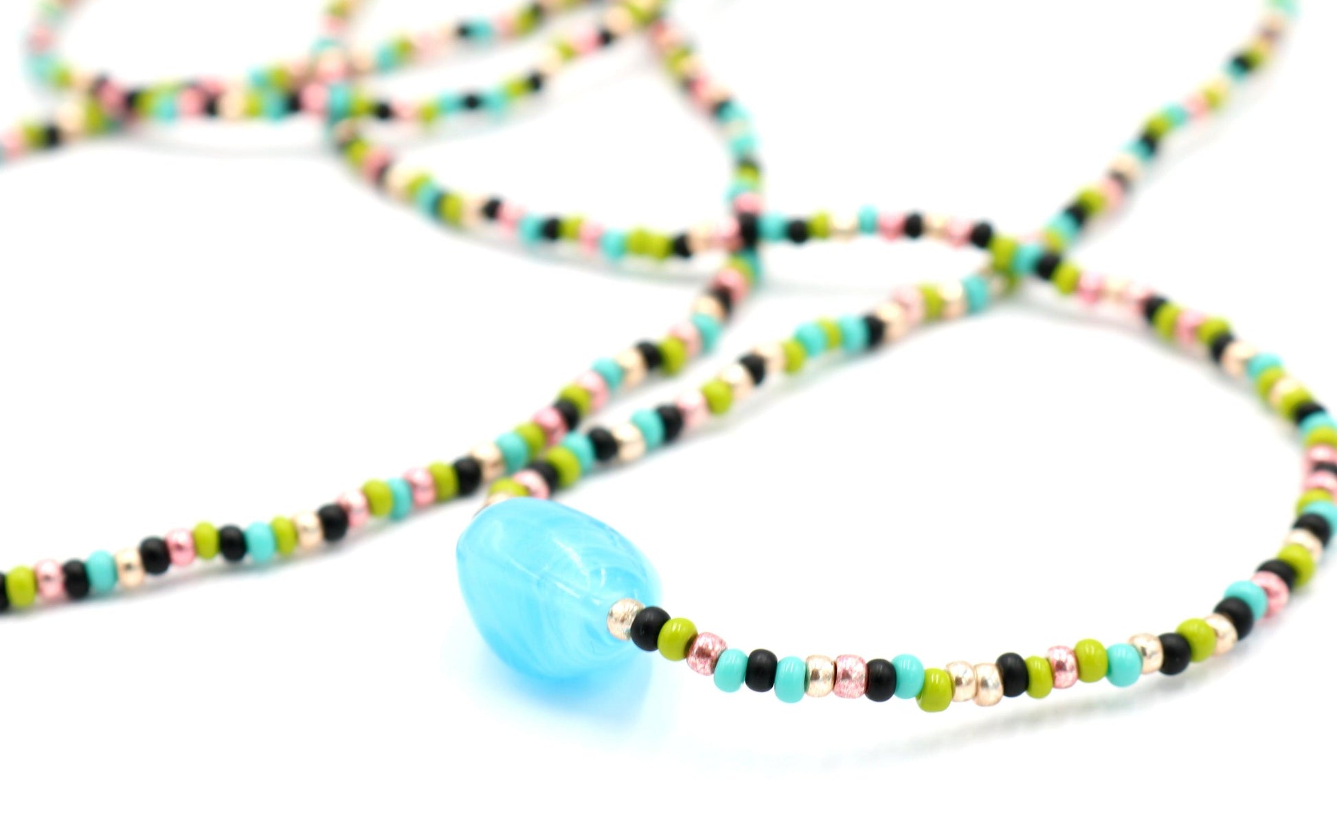 Sugar and Spice X Marks the Spot 40" Long Pink, Green, and Blue Long Glass Necklace - Monkeysmojo