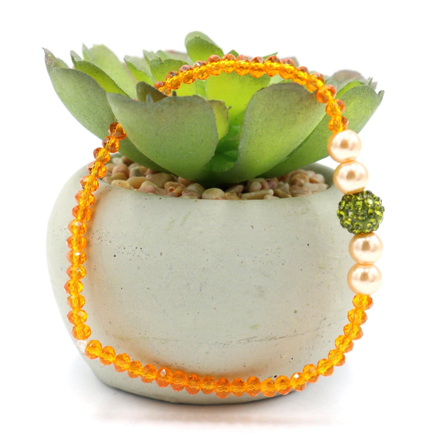 Sun Flower Delight Sparkle ME Faceted Orange Glass Beads with CZ Crystal Green Ball Bead Fun Boho Stretch Stack Bracelet Women’s Gift 2022 - Monkeysmojo