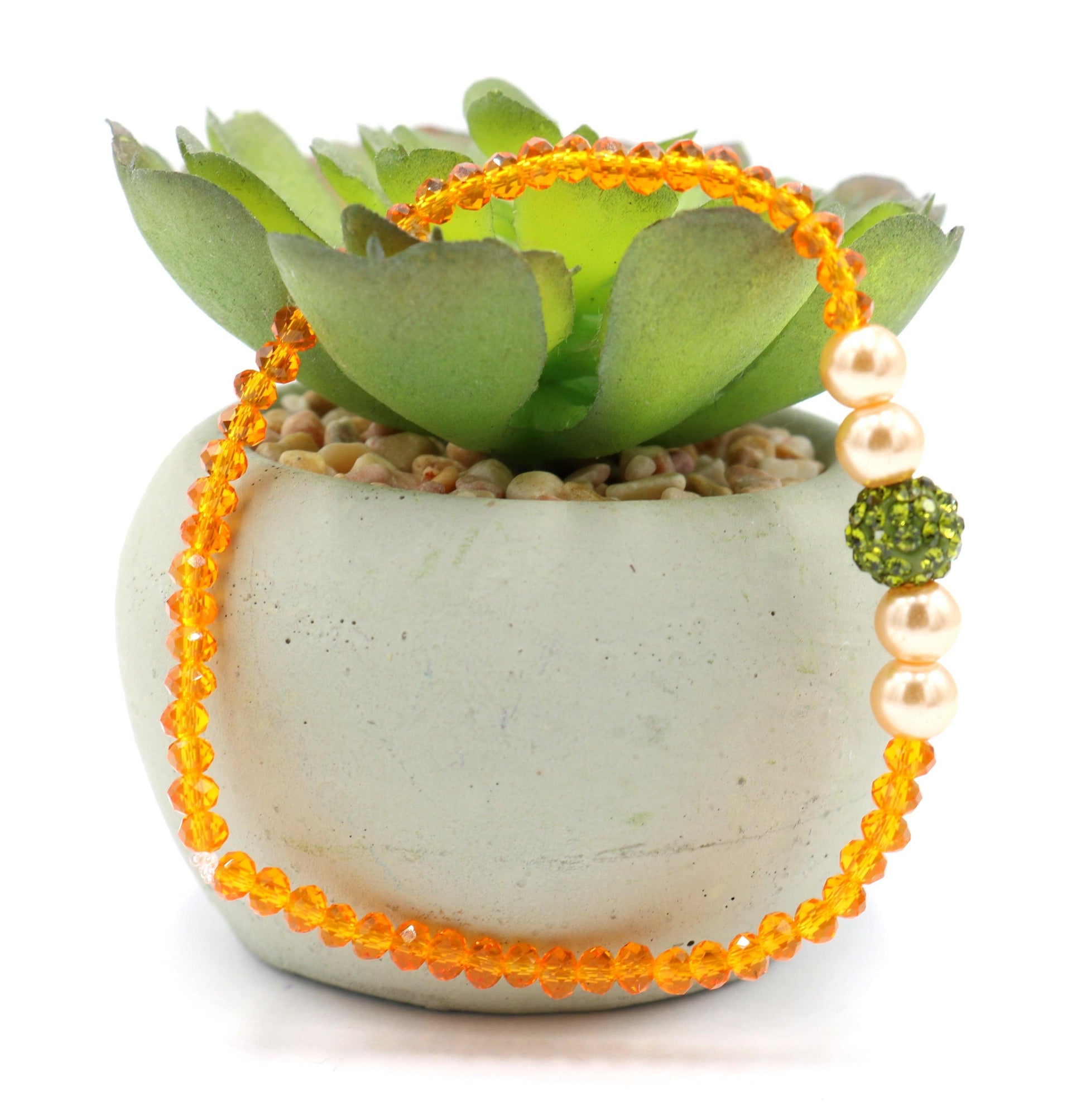 Sun Flower Delight Sparkle ME Faceted Orange Glass Beads with CZ Crystal Green Ball Bead Fun Boho Stretch Stack Bracelet Women’s Gift 2022 - Monkeysmojo