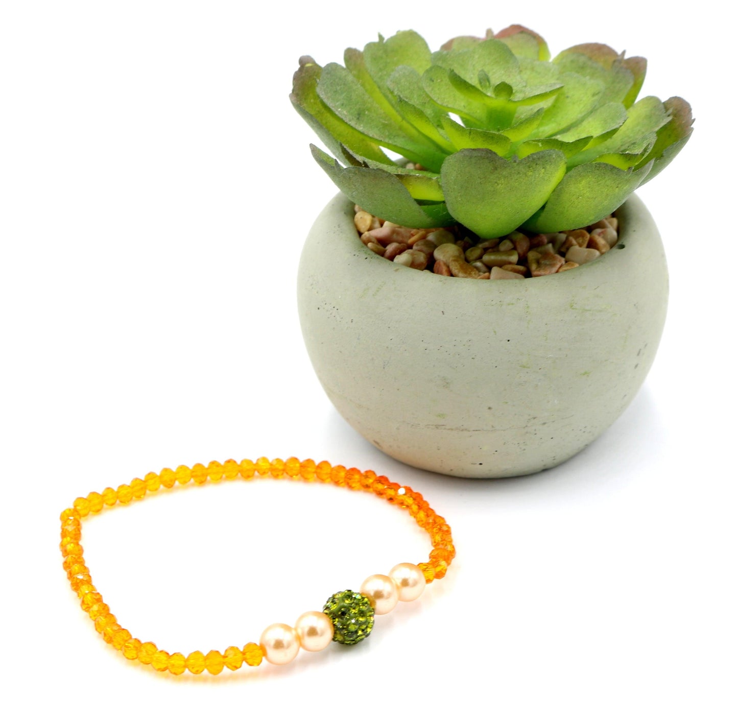 Sun Flower Delight Sparkle ME Faceted Orange Glass Beads with CZ Crystal Green Ball Bead Fun Boho Stretch Stack Bracelet Women’s Gift 2022 - Monkeysmojo