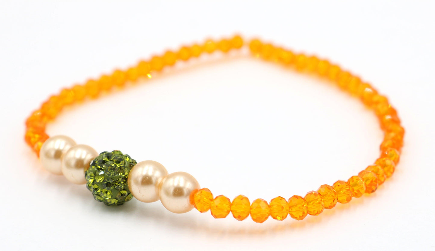 Sun Flower Delight Sparkle ME Faceted Orange Glass Beads with CZ Crystal Green Ball Bead Fun Boho Stretch Stack Bracelet Women’s Gift 2022 - Monkeysmojo