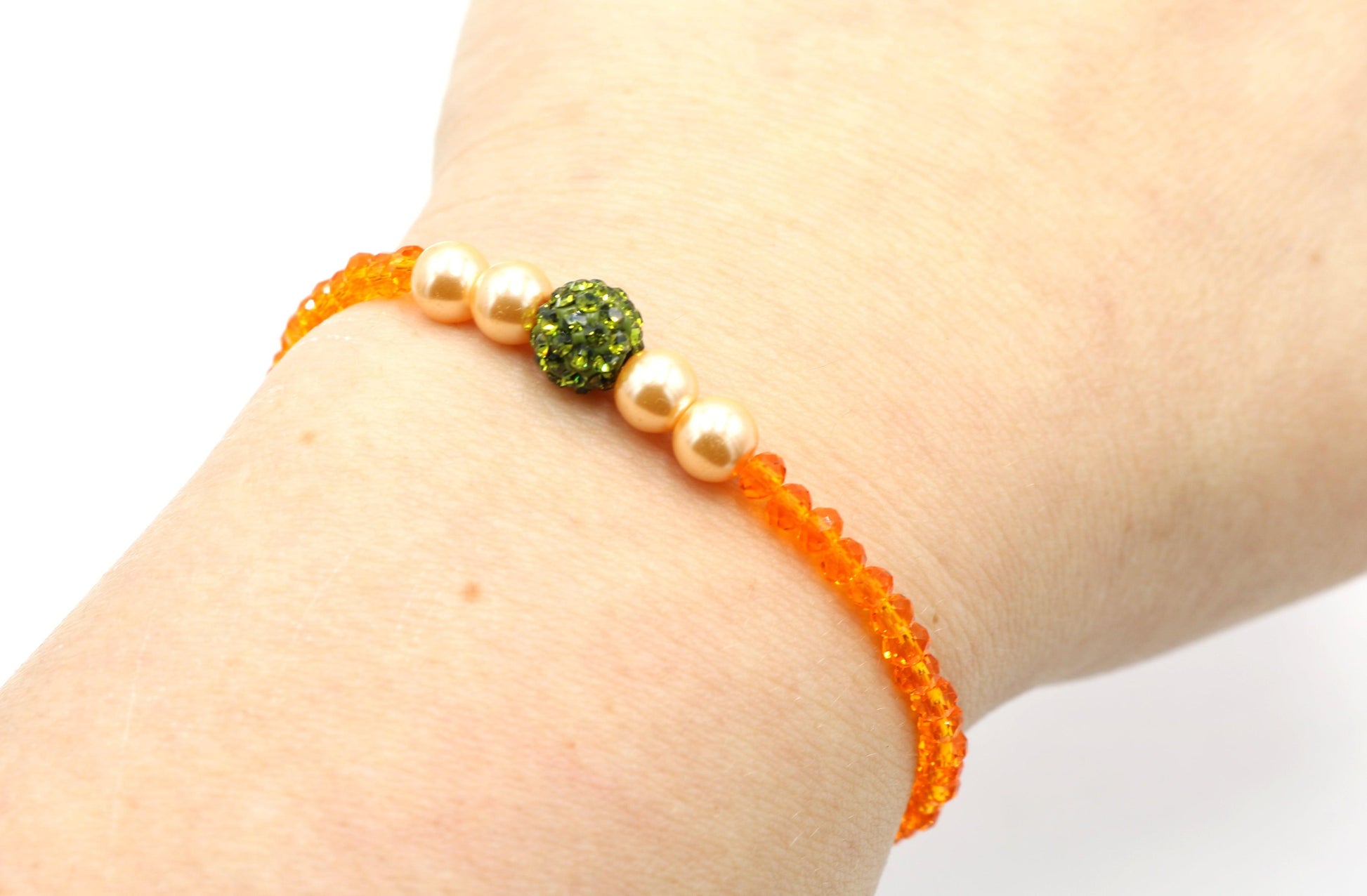 Sun Flower Delight Sparkle ME Faceted Orange Glass Beads with CZ Crystal Green Ball Bead Fun Boho Stretch Stack Bracelet Women’s Gift 2022 - Monkeysmojo