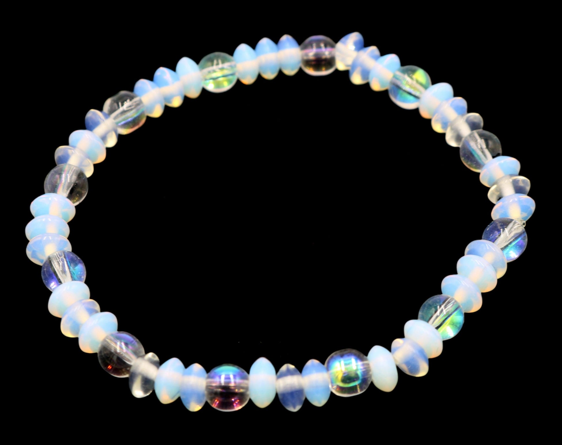 White Opal Rondelle and Iridescent Jasper Women's Natural Energy Stretch Bracelet - Monkeysmojo