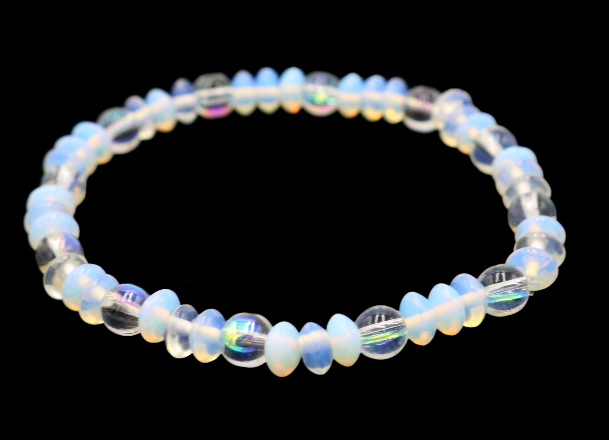 White Opal Rondelle and Iridescent Jasper Women's Natural Energy Stretch Bracelet - Monkeysmojo