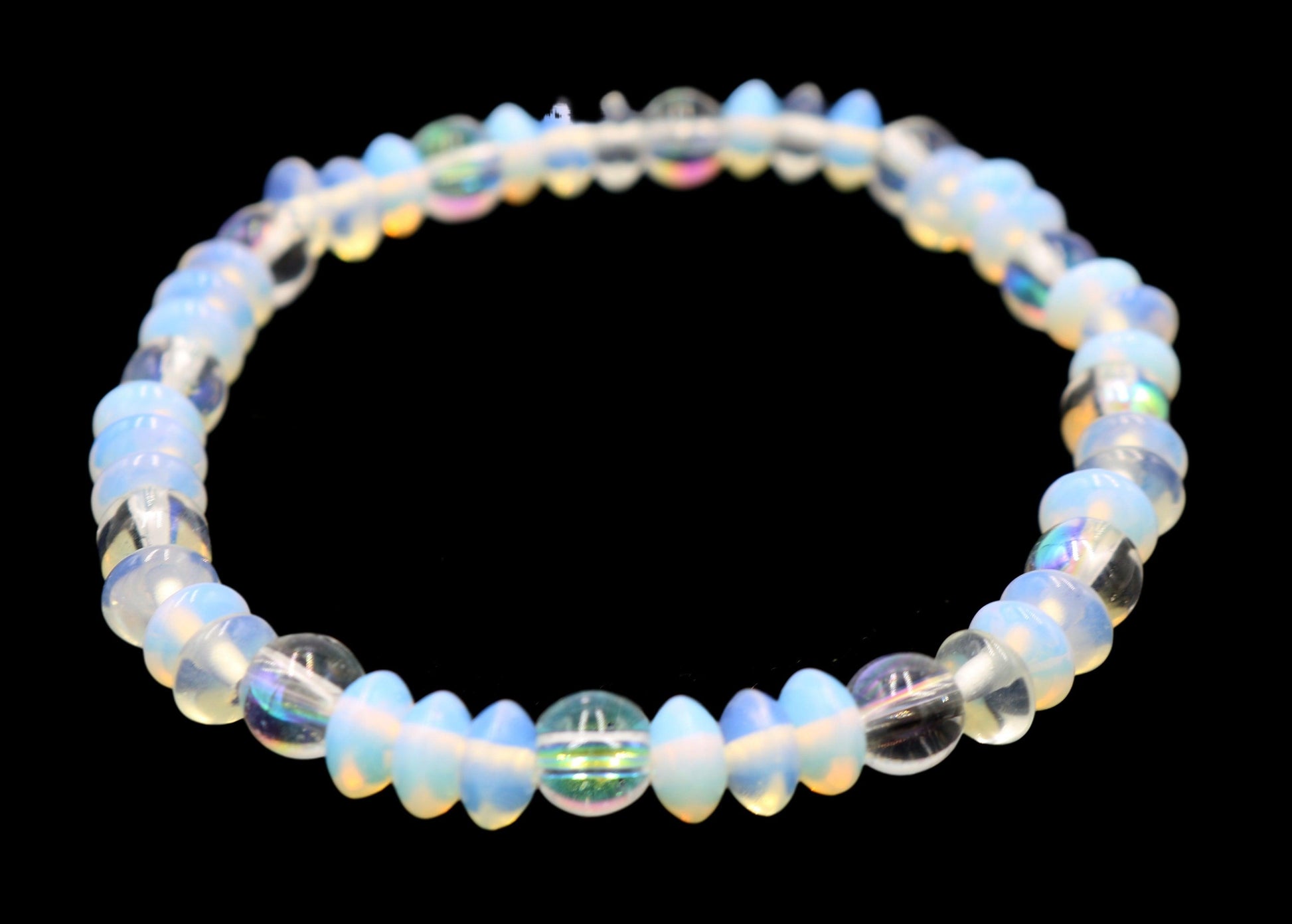 White Opal Rondelle and Iridescent Jasper Women's Natural Energy Stretch Bracelet - Monkeysmojo