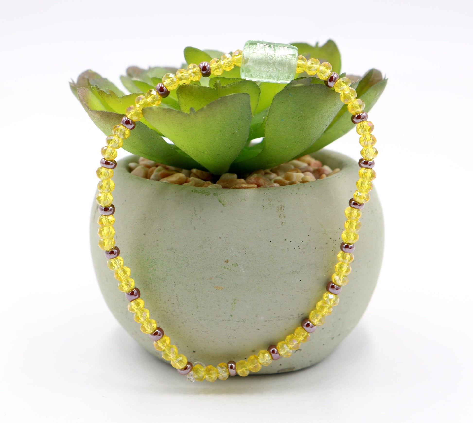 Frosty Light Mint Green Faceted Yellow Glass Beads with Brown Seed Glass Seed Bead Fun Boho Stretch Stack Bracelet Women’s Gift 2022 - Monkeysmojo