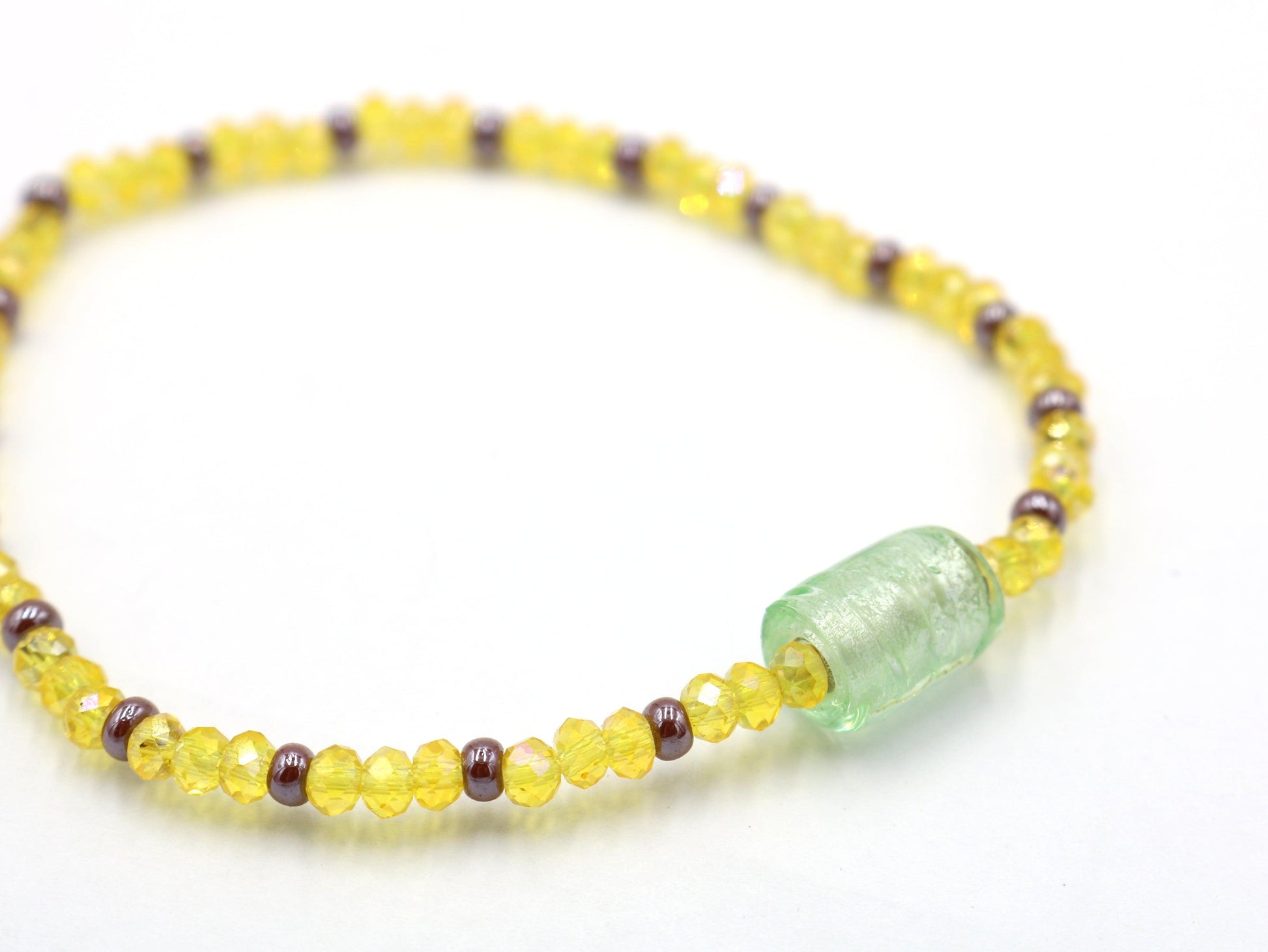 Frosty Light Mint Green Faceted Yellow Glass Beads with Brown Seed Glass Seed Bead Fun Boho Stretch Stack Bracelet Women’s Gift 2022 - Monkeysmojo