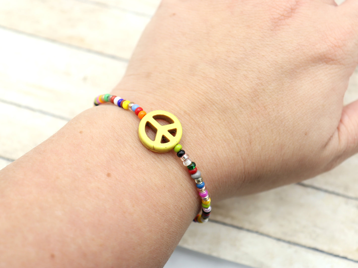 Holler For Howlite Yellow Joy and Peace Be to You Assorted Seed Bead Glass Bracelet by Monkey's Mojo