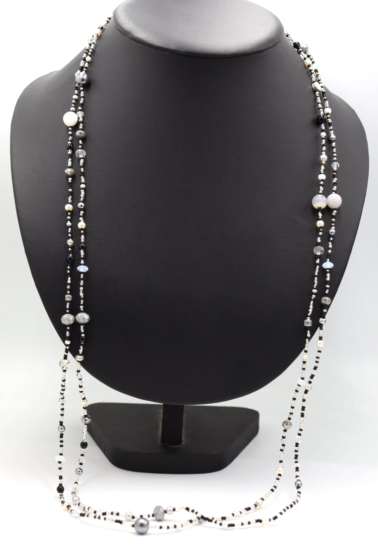 Monochromatic Magic Black, White, and Silver 70” Long Wrap Necklace by Monkey’s Mojo