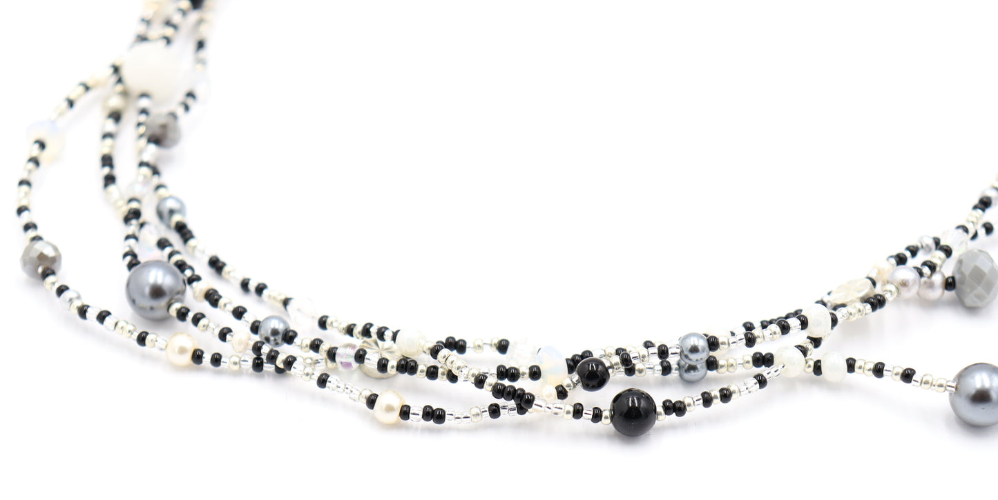 Monochromatic Magic Black, White, and Silver 70” Long Wrap Necklace by Monkey’s Mojo