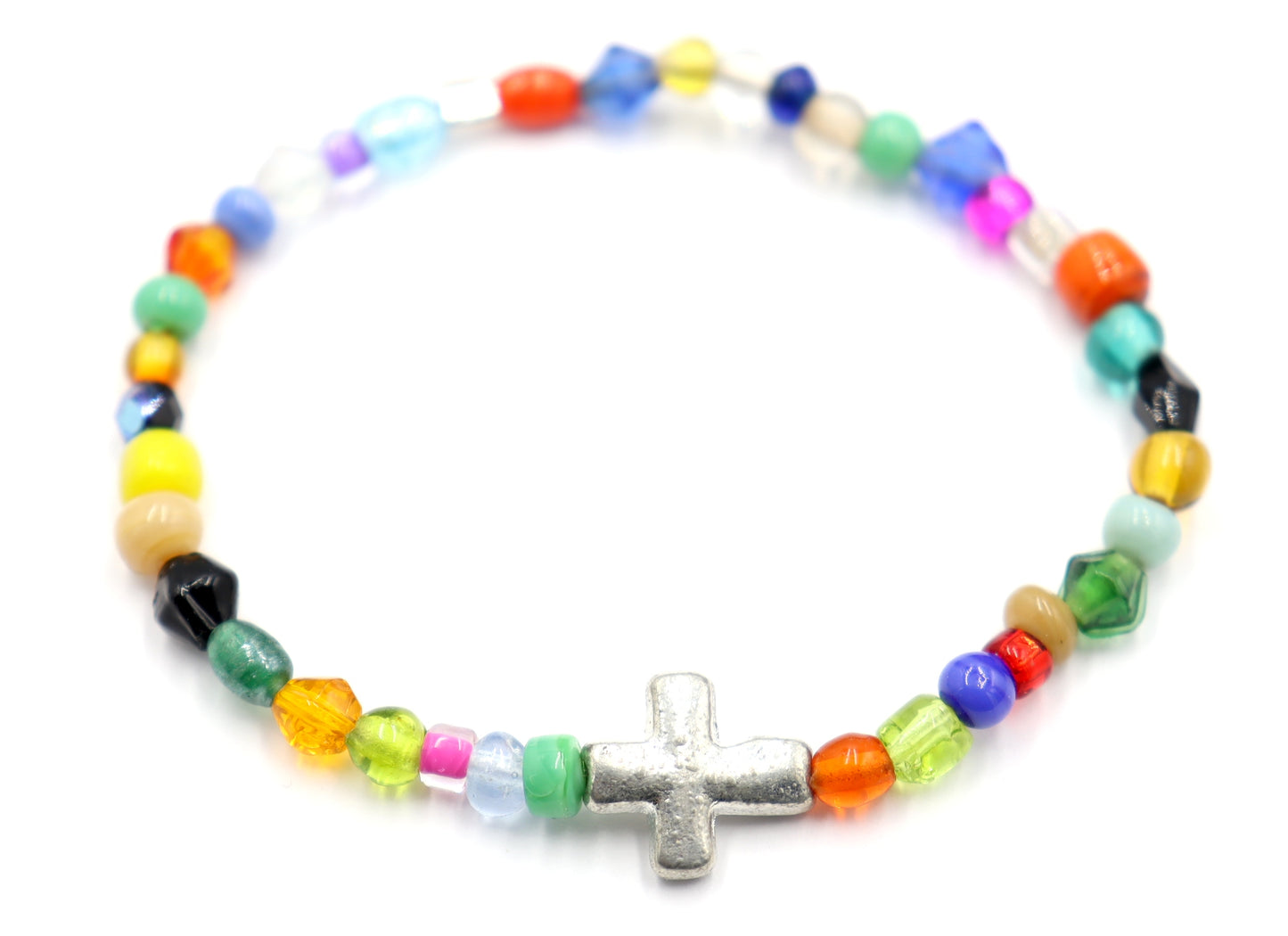 Colorful Joy Artisan Beads and Silver Metallic Cross Stretch Bracelet by Monkey's Mojo