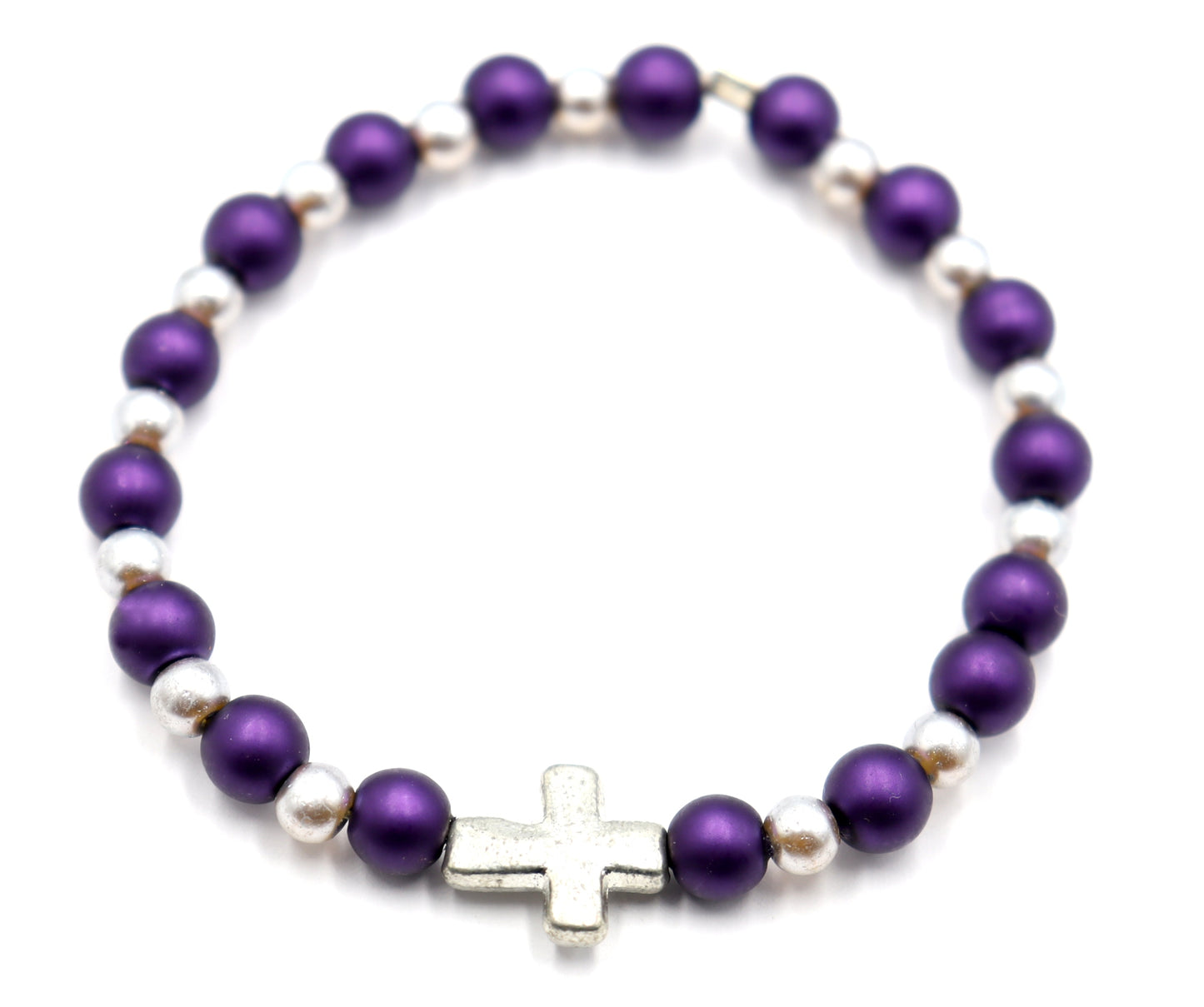 Royal Purple and Silver Pearl Glass Beads with Silver Tone Metallic Cross Stretch Bracelet by Monkey's Mojo