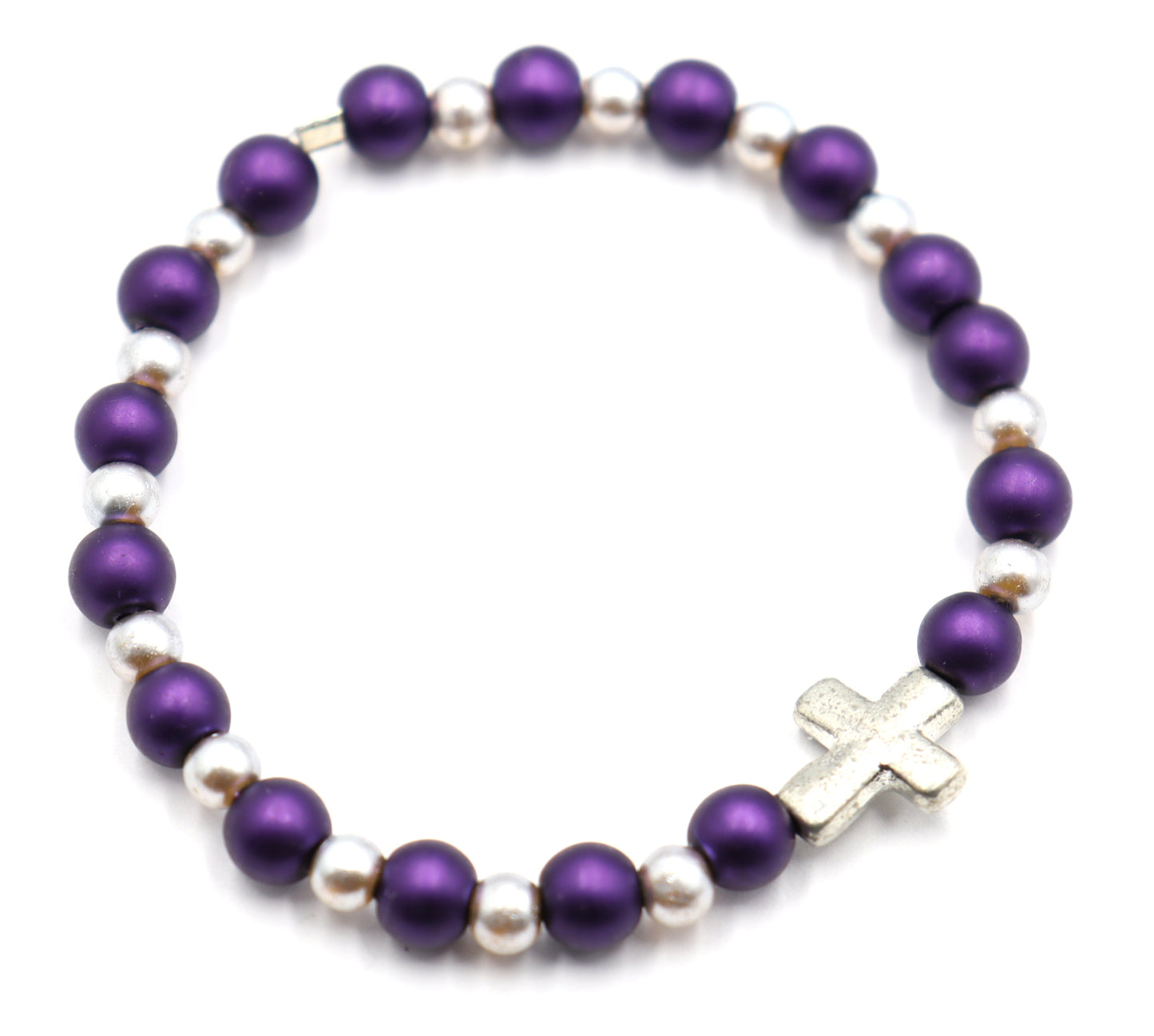 Royal Purple and Silver Pearl Glass Beads with Silver Tone Metallic Cross Stretch Bracelet by Monkey's Mojo