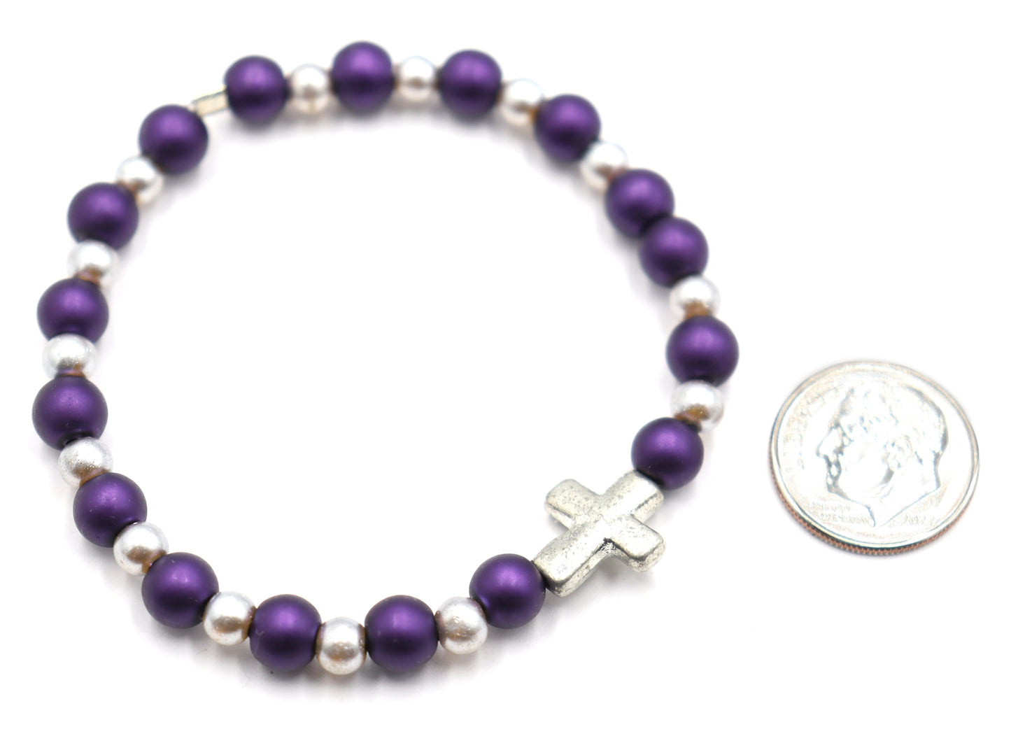 Royal Purple and Silver Pearl Glass Beads with Silver Tone Metallic Cross Stretch Bracelet by Monkey's Mojo