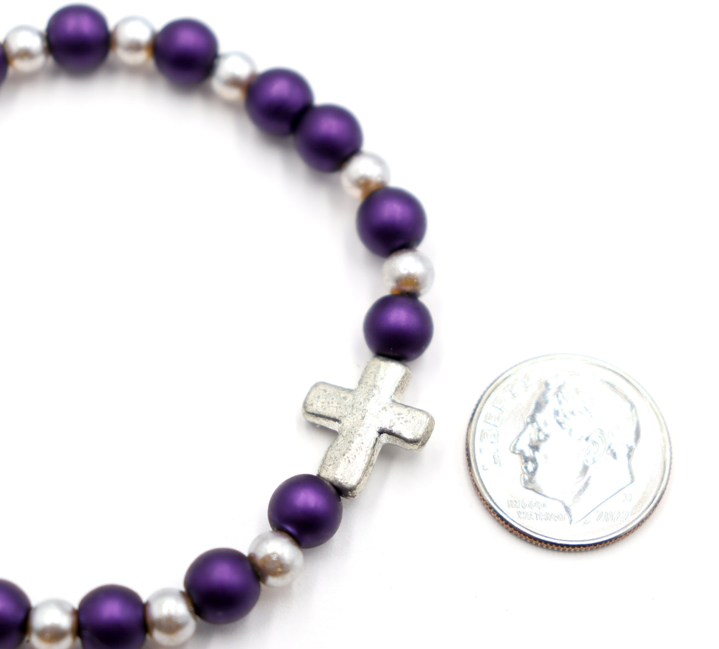 Royal Purple and Silver Pearl Glass Beads with Silver Tone Metallic Cross Stretch Bracelet by Monkey's Mojo