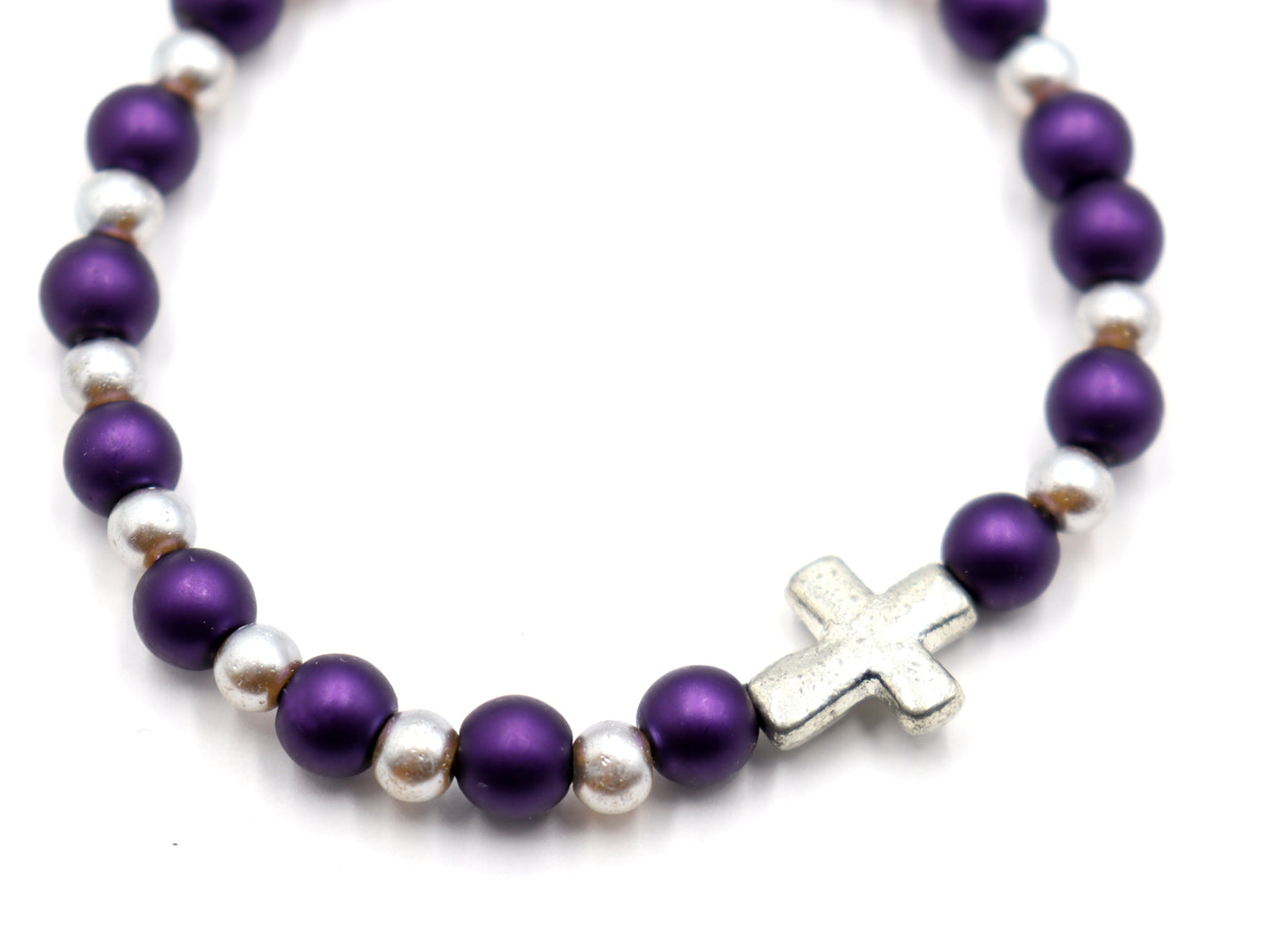 Royal Purple and Silver Pearl Glass Beads with Silver Tone Metallic Cross Stretch Bracelet by Monkey's Mojo