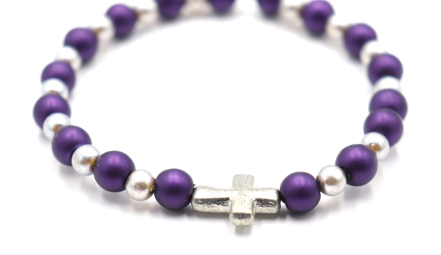 Royal Purple and Silver Pearl Glass Beads with Silver Tone Metallic Cross Stretch Bracelet by Monkey's Mojo