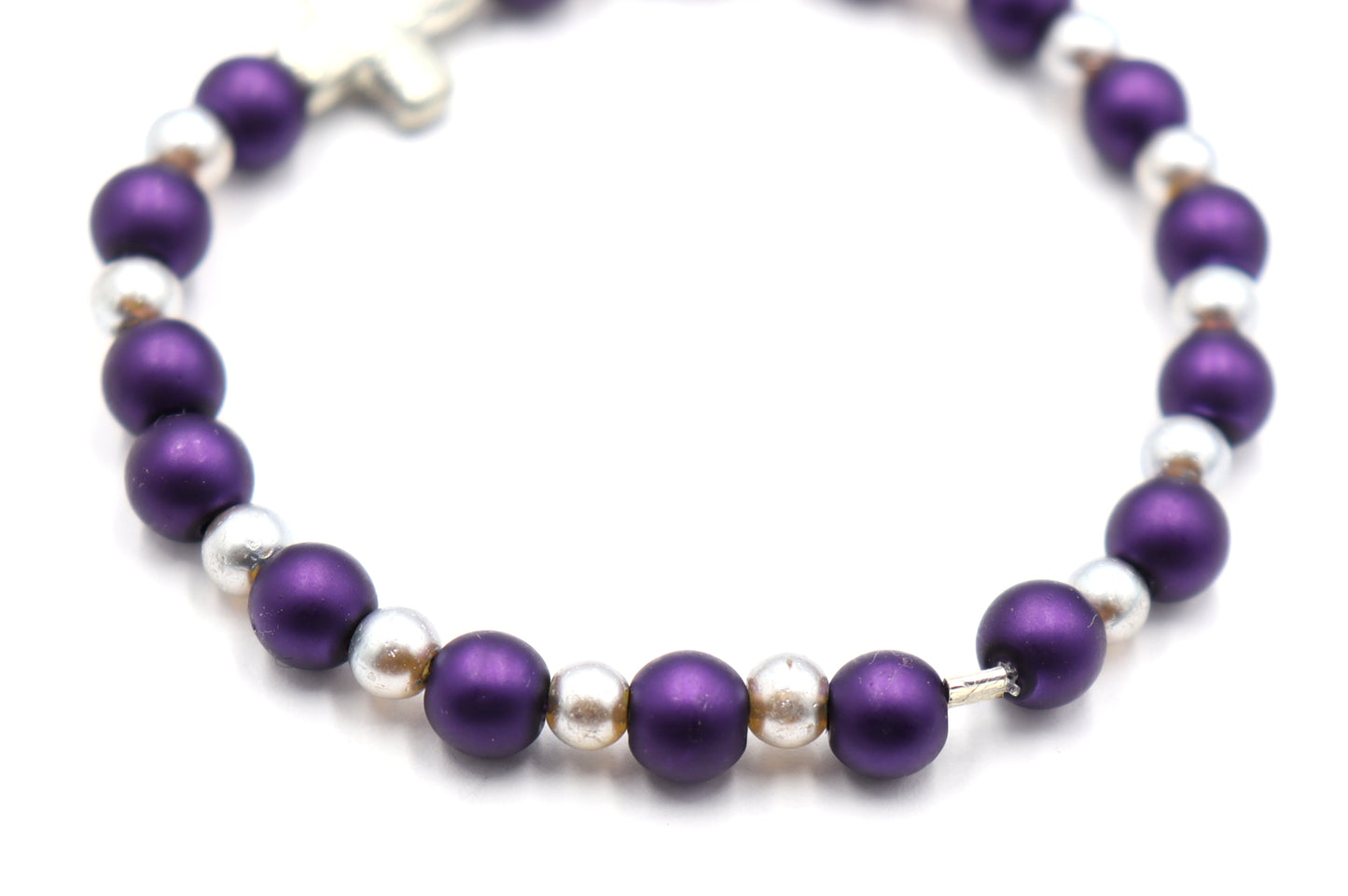 Royal Purple and Silver Pearl Glass Beads with Silver Tone Metallic Cross Stretch Bracelet by Monkey's Mojo