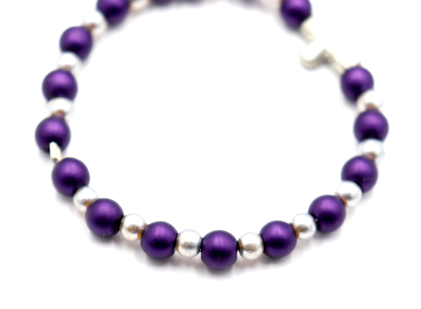 Royal Purple and Silver Pearl Glass Beads with Silver Tone Metallic Cross Stretch Bracelet by Monkey's Mojo