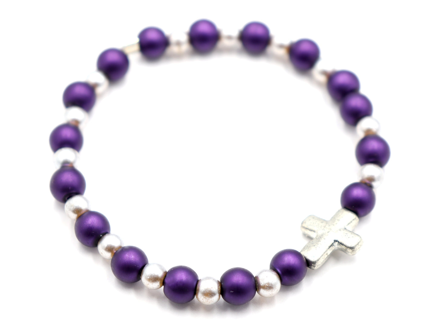 Royal Purple and Silver Pearl Glass Beads with Silver Tone Metallic Cross Stretch Bracelet by Monkey's Mojo