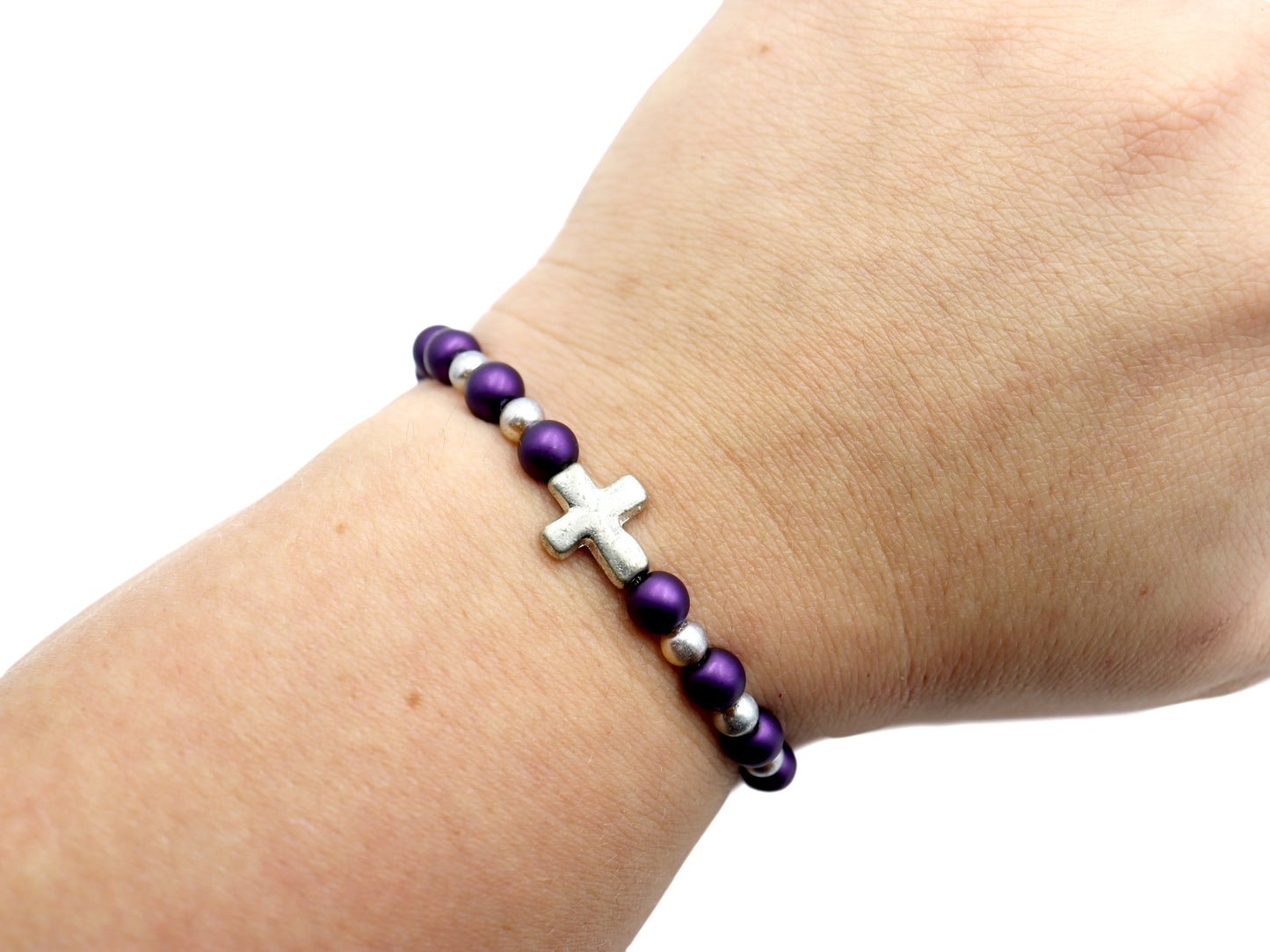 Royal Purple and Silver Pearl Glass Beads with Silver Tone Metallic Cross Stretch Bracelet by Monkey's Mojo