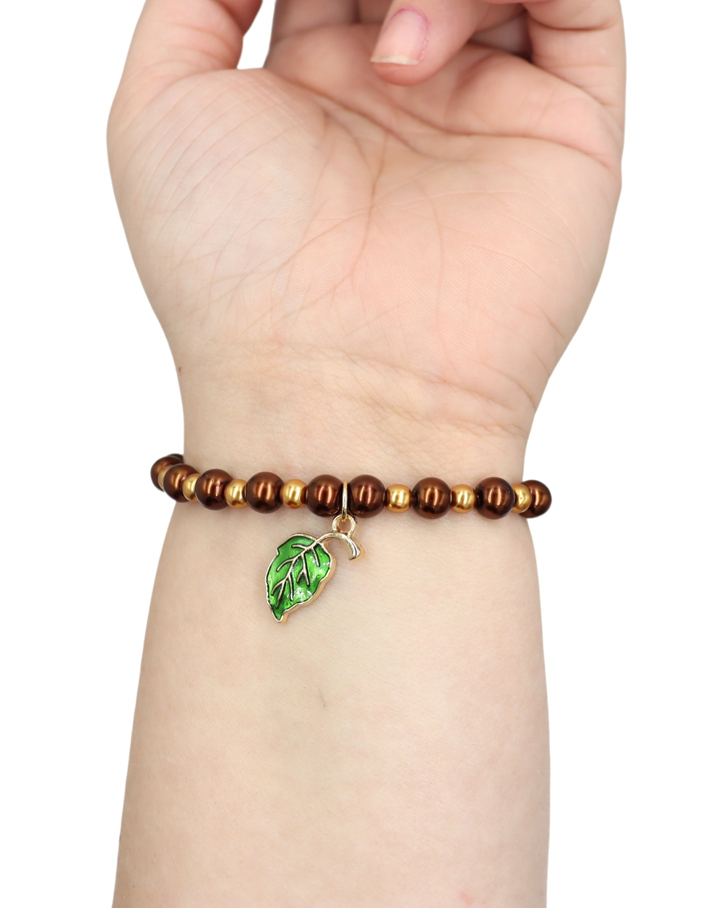 Golden Pearls, Rich Oak, and Green Leaf Charm - Women's Autumn / Fall Glass Bead Stretch Bracelet by Monkey's Mojo