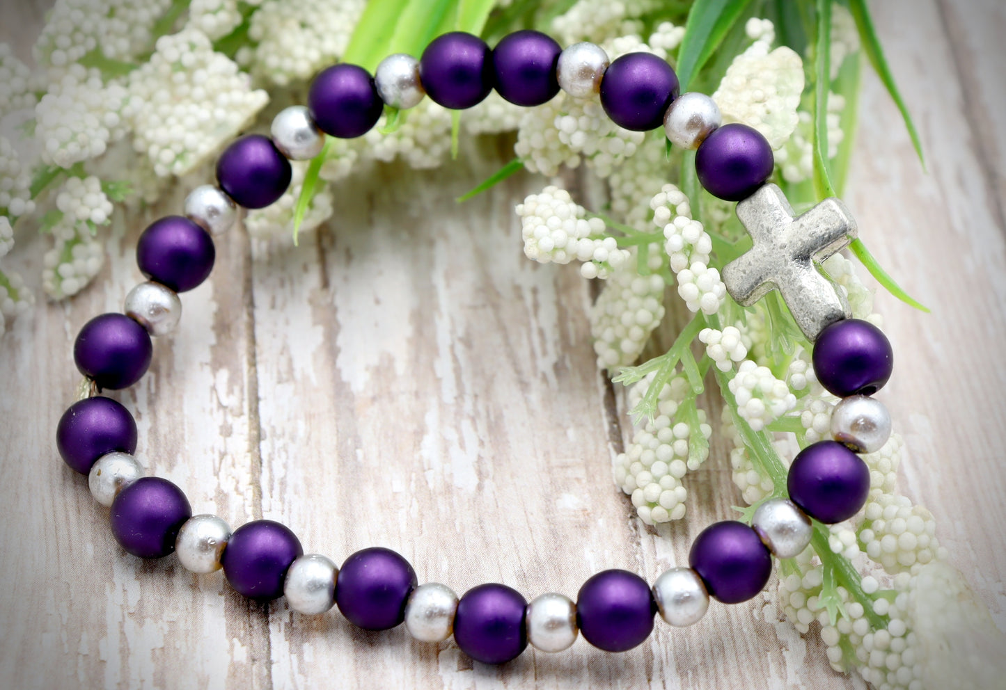 Royal Purple and Silver Pearl Glass Beads with Silver Tone Metallic Cross Stretch Bracelet by Monkey's Mojo