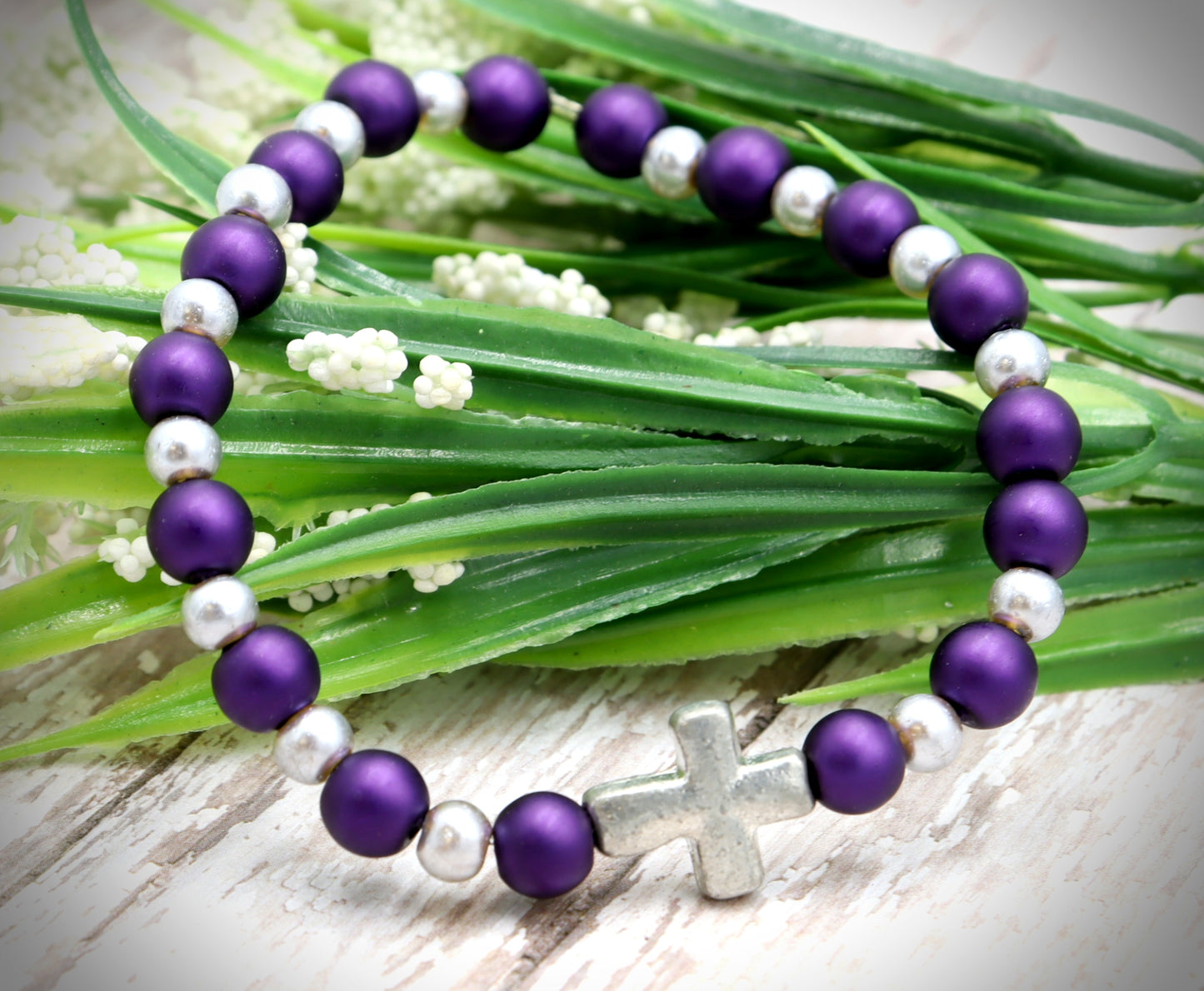 Royal Purple and Silver Pearl Glass Beads with Silver Tone Metallic Cross Stretch Bracelet by Monkey's Mojo