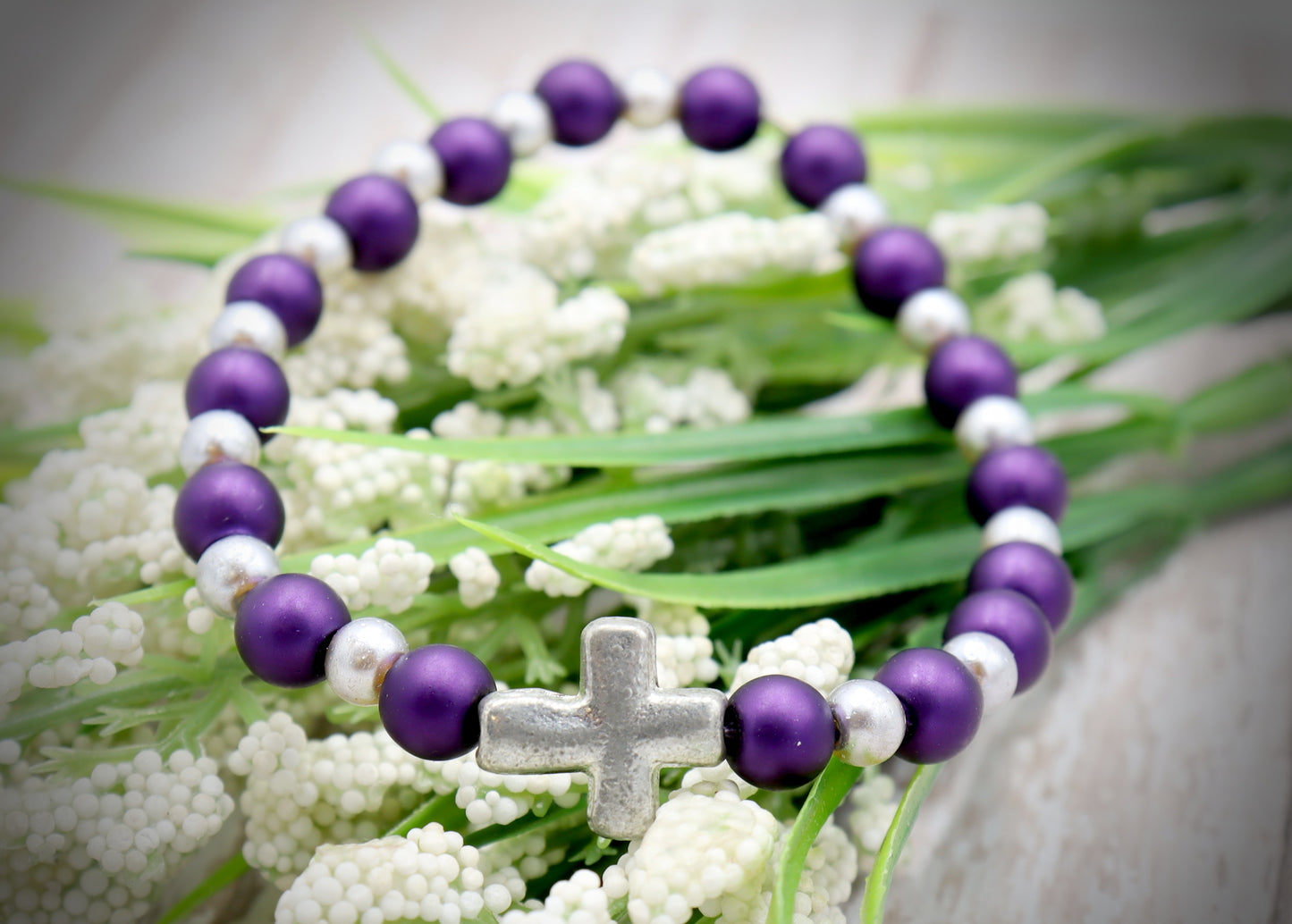 Royal Purple and Silver Pearl Glass Beads with Silver Tone Metallic Cross Stretch Bracelet by Monkey's Mojo