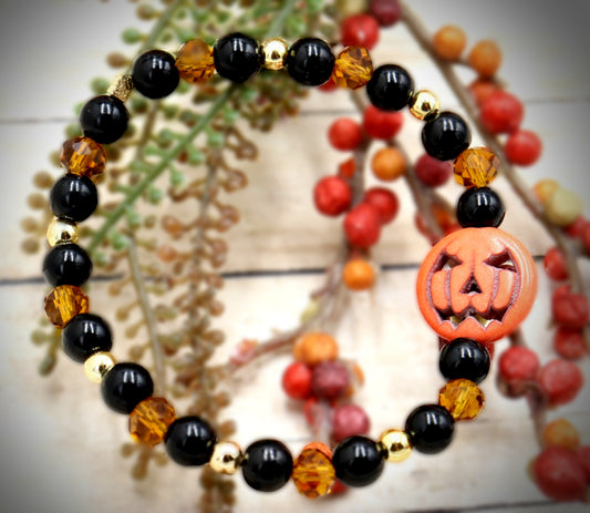 Pumpkin King Black and Gold Scream Halloween Themed Glass Bead Stretch Bracelet by Monkey's Mojo
