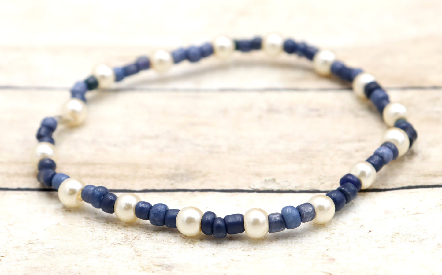 Classic and Classy Demin with Pearls - Blue and White Glass Bead Women's Stretch Bracelet by Monkey's Mojo
