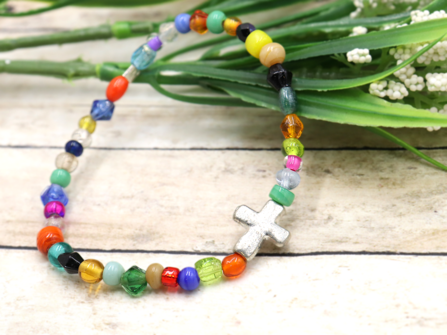 Colorful Joy Artisan Beads and Silver Metallic Cross Stretch Bracelet by Monkey's Mojo