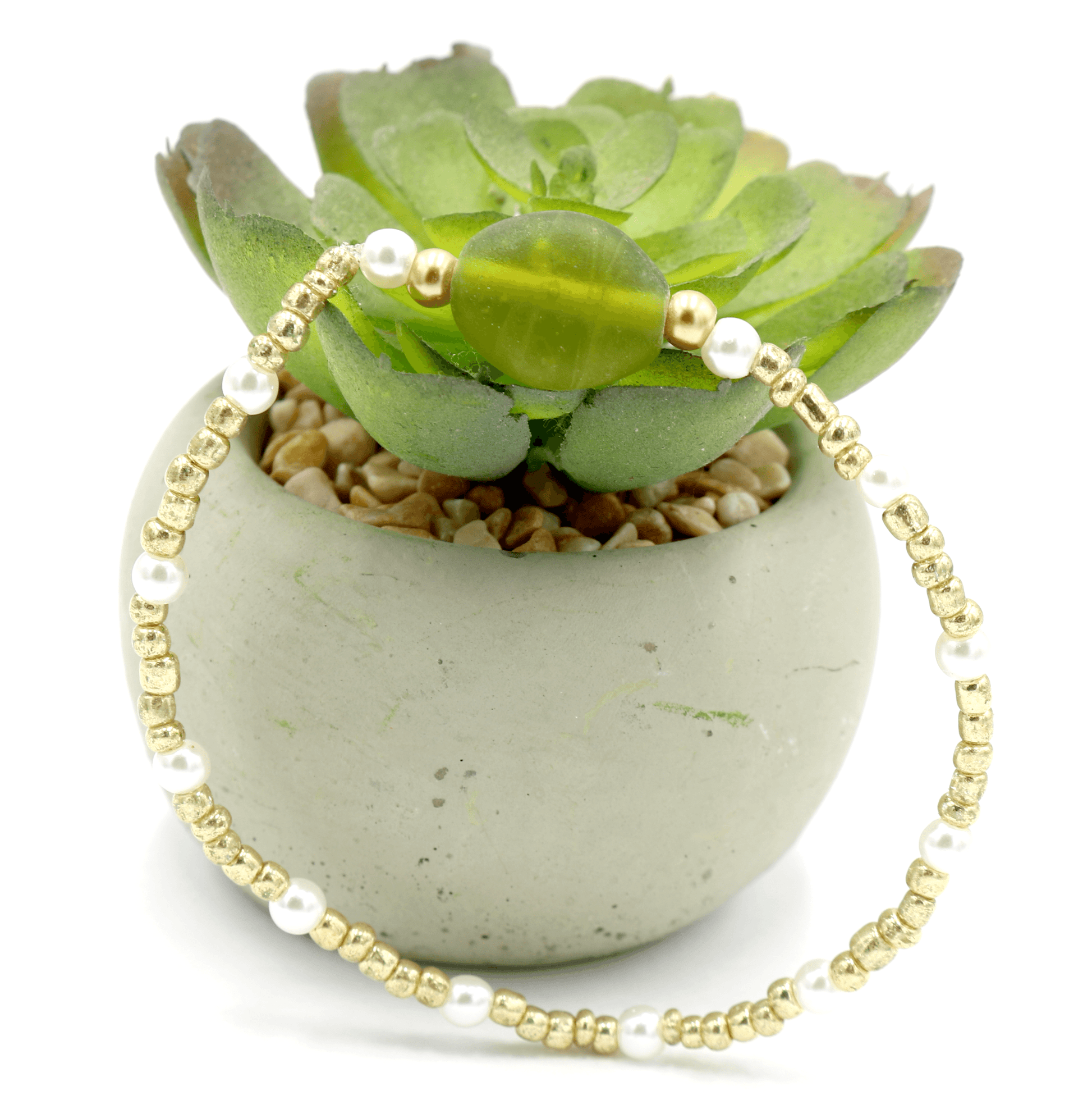 Women's White Pearl Yellow Gold and Green Glass Bracelet - Irish Collection - Monkeysmojo