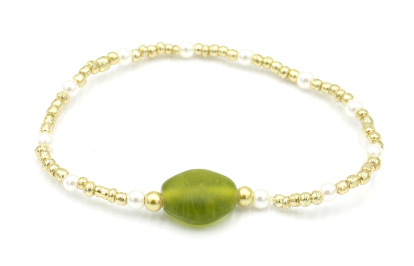 Women's White Pearl Yellow Gold and Green Glass Bracelet - Irish Collection - Monkeysmojo