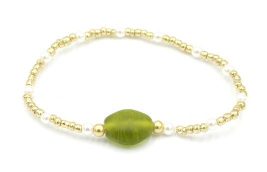Women's White Pearl Yellow Gold and Green Glass Bracelet - Irish Collection - Monkeysmojo