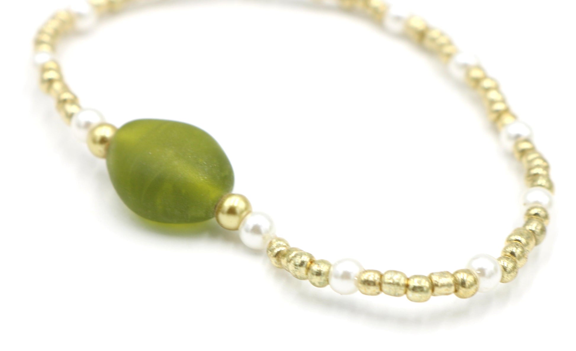 Women's White Pearl Yellow Gold and Green Glass Bracelet - Irish Collection - Monkeysmojo