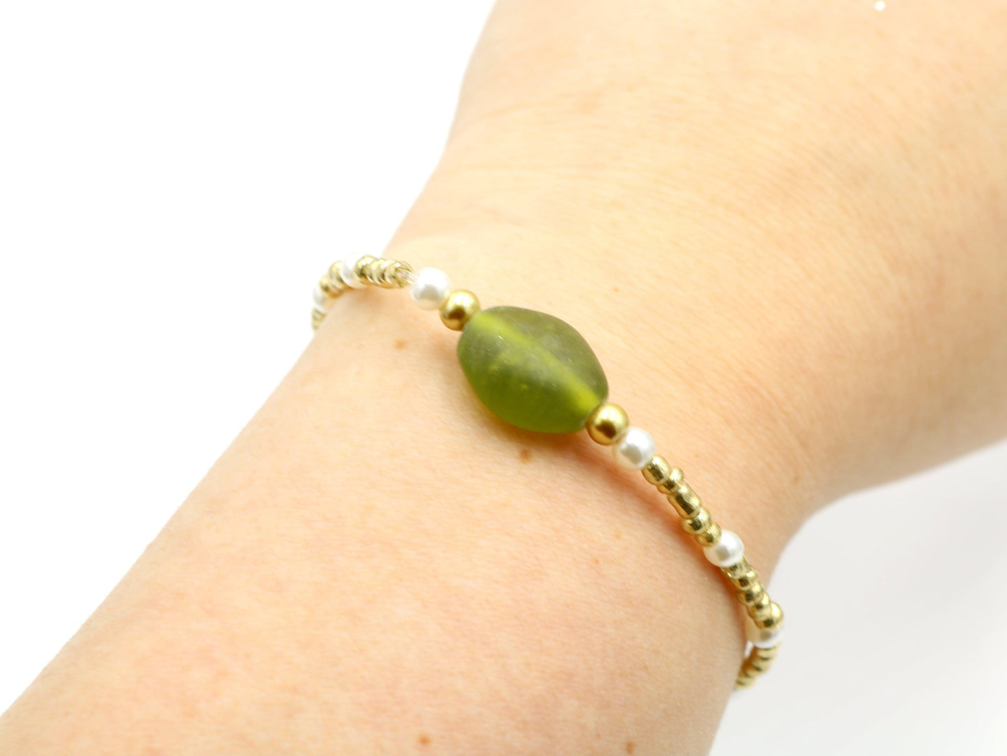 Women's White Pearl Yellow Gold and Green Glass Bracelet - Irish Collection - Monkeysmojo