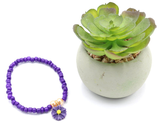 Spring Flower Bold Purple Daisy Flower Stretch Women's Glass Bead Bracelet - Monkeysmojo