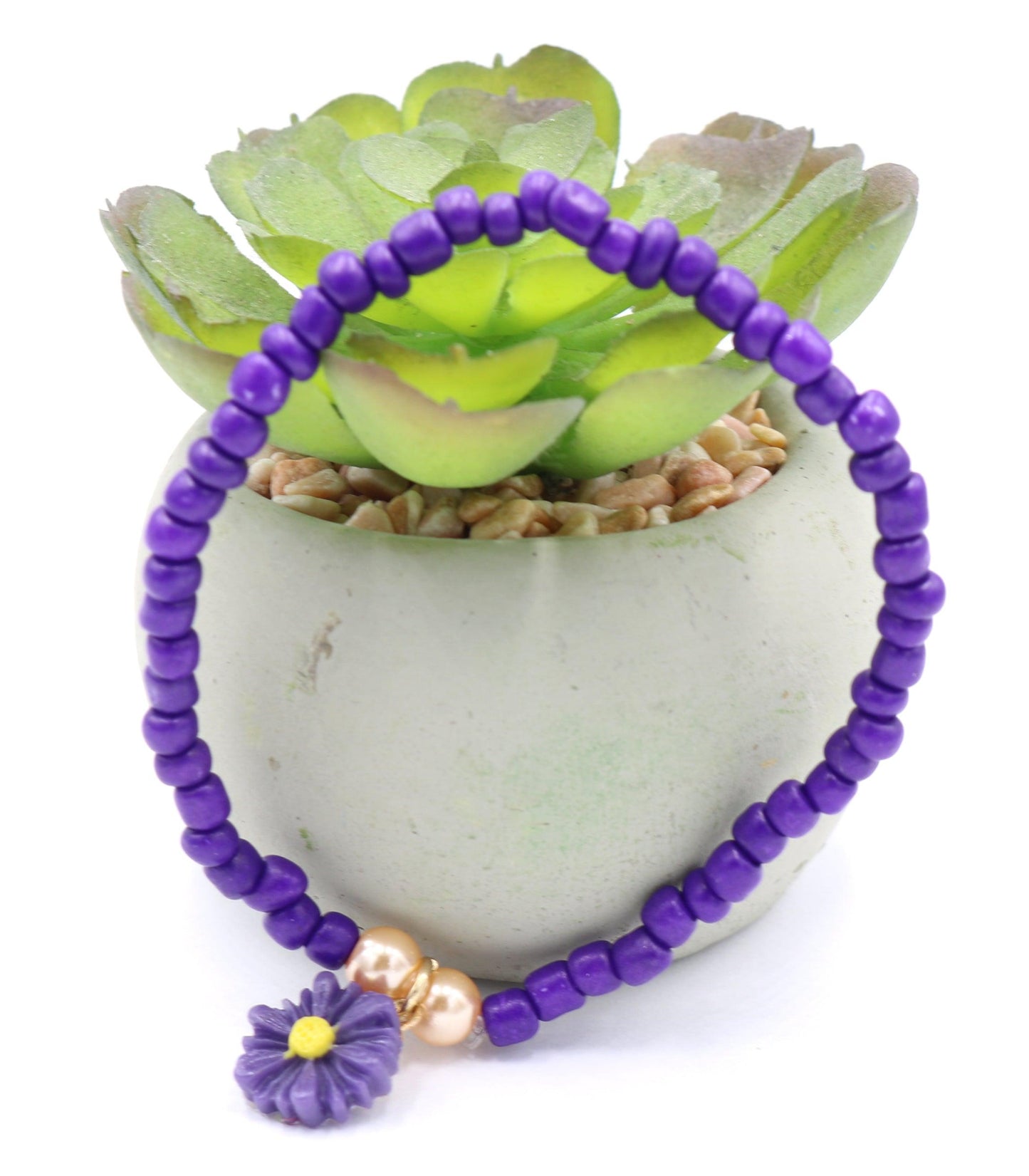 Spring Flower Bold Purple Daisy Flower Stretch Women's Glass Bead Bracelet - Monkeysmojo