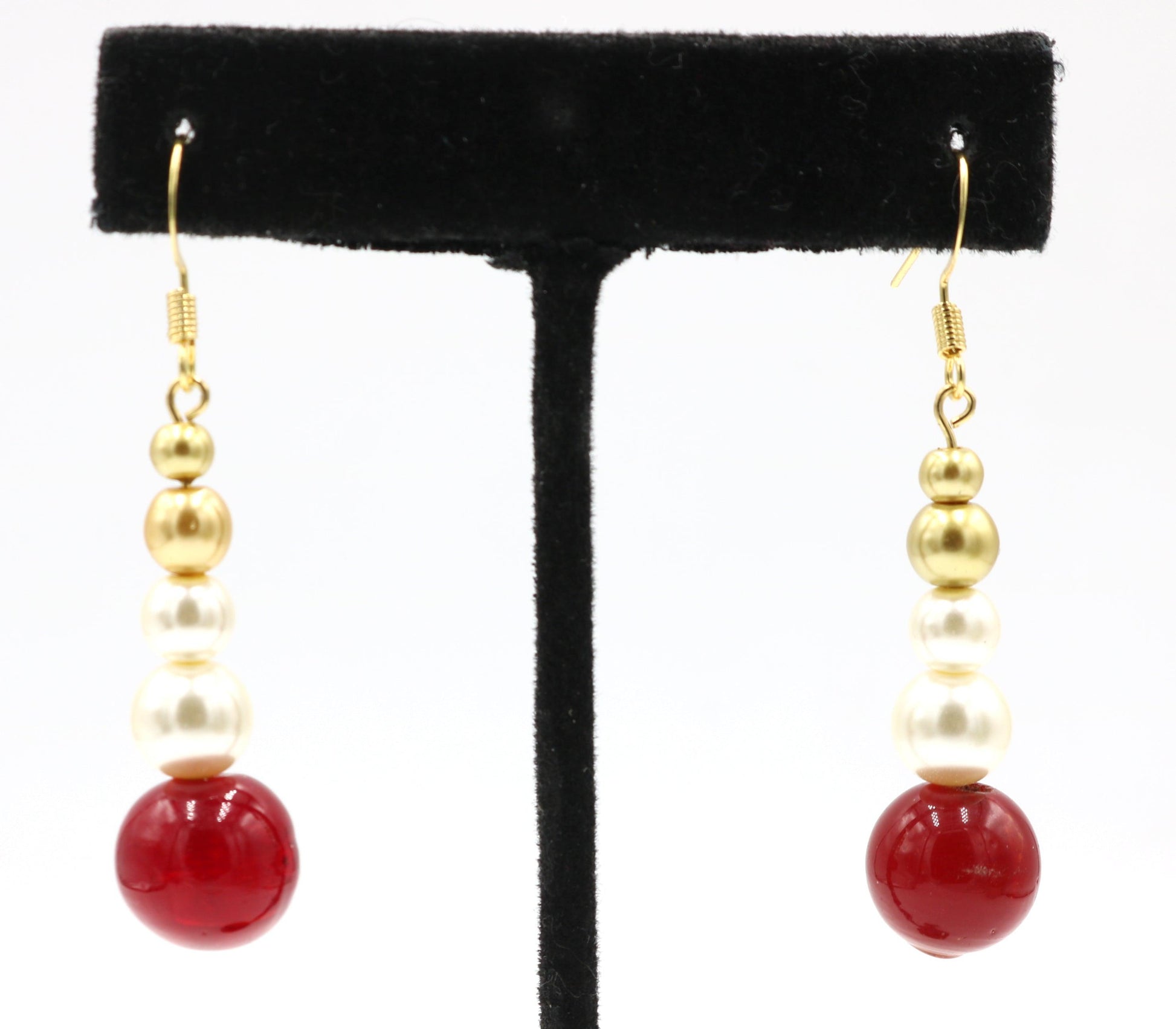 Cherry Delicious Bright Red Beads with Glass Pearl and Yellow Gold Toned Earrings - Monkeysmojo