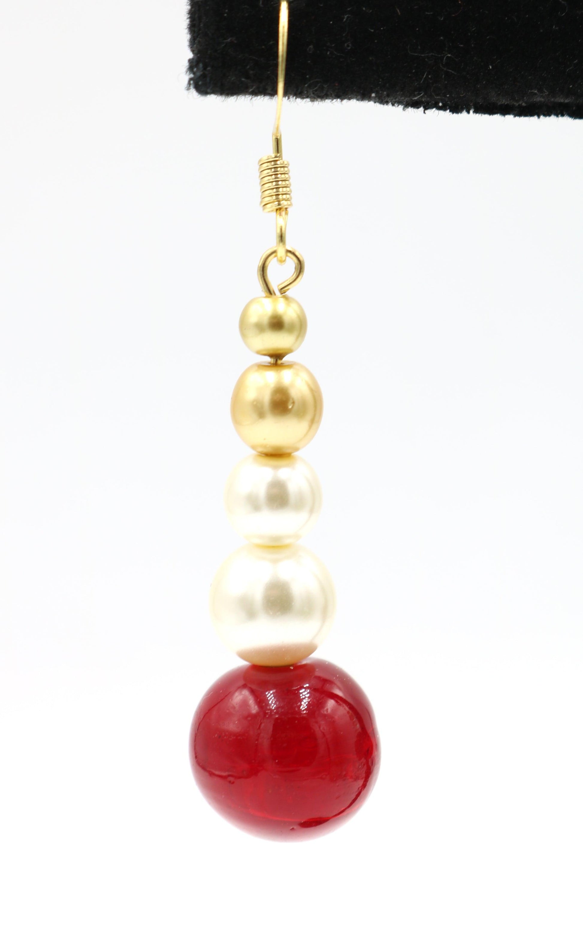 Cherry Delicious Bright Red Beads with Glass Pearl and Yellow Gold Toned Earrings - Monkeysmojo
