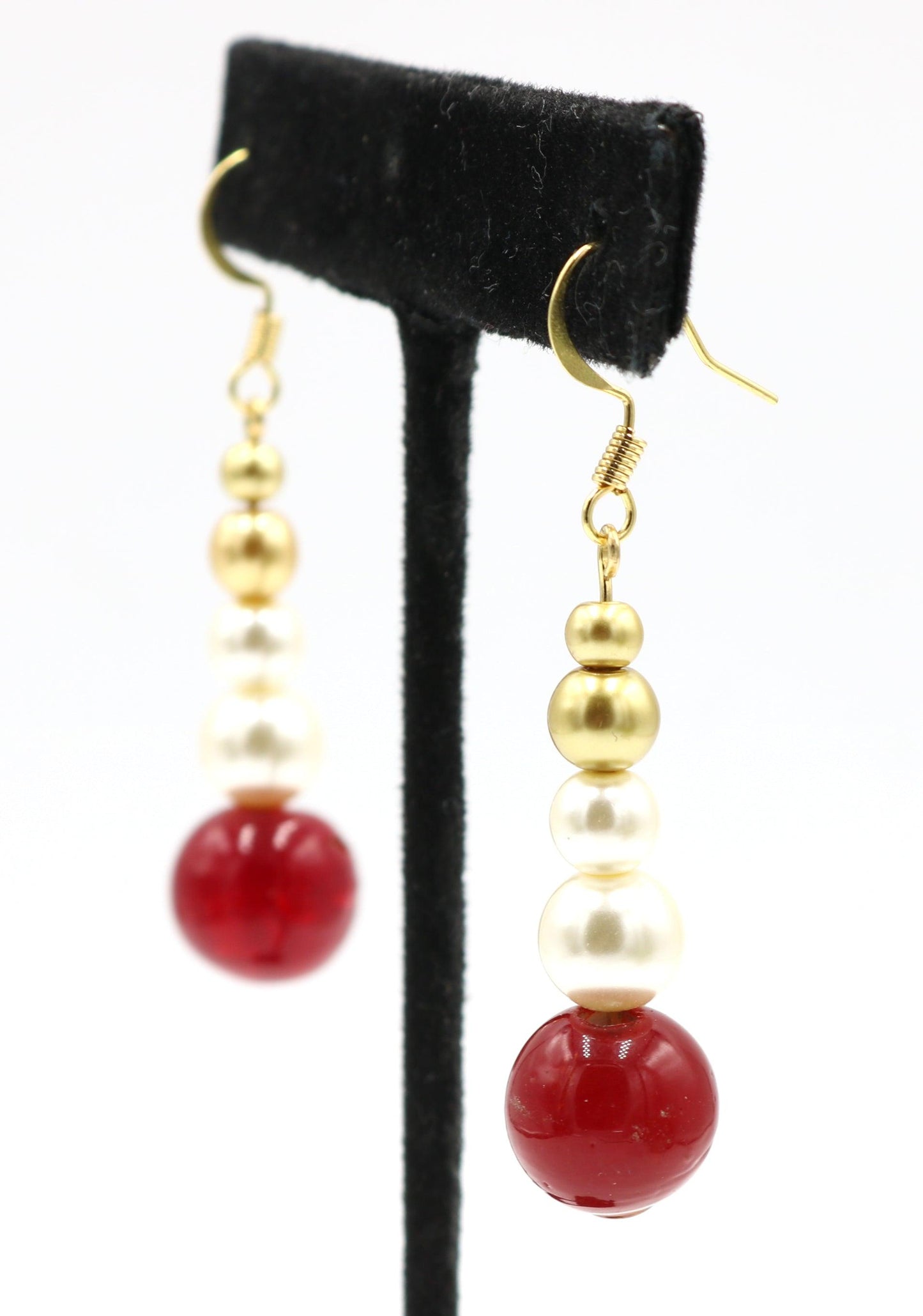 Cherry Delicious Bright Red Beads with Glass Pearl and Yellow Gold Toned Earrings - Monkeysmojo