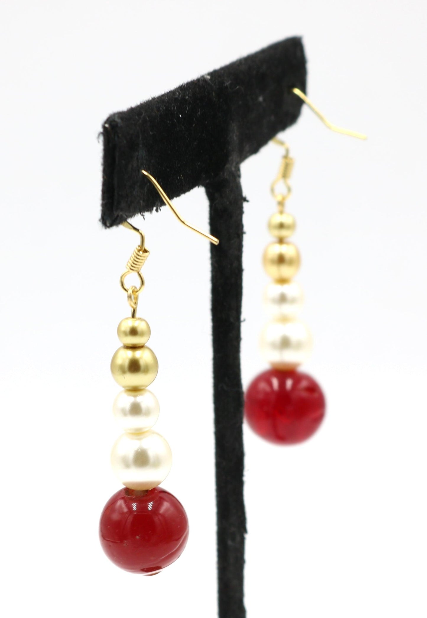 Cherry Delicious Bright Red Beads with Glass Pearl and Yellow Gold Toned Earrings - Monkeysmojo