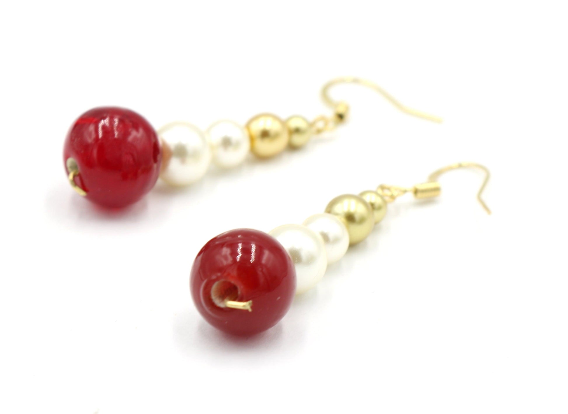 Cherry Delicious Bright Red Beads with Glass Pearl and Yellow Gold Toned Earrings - Monkeysmojo