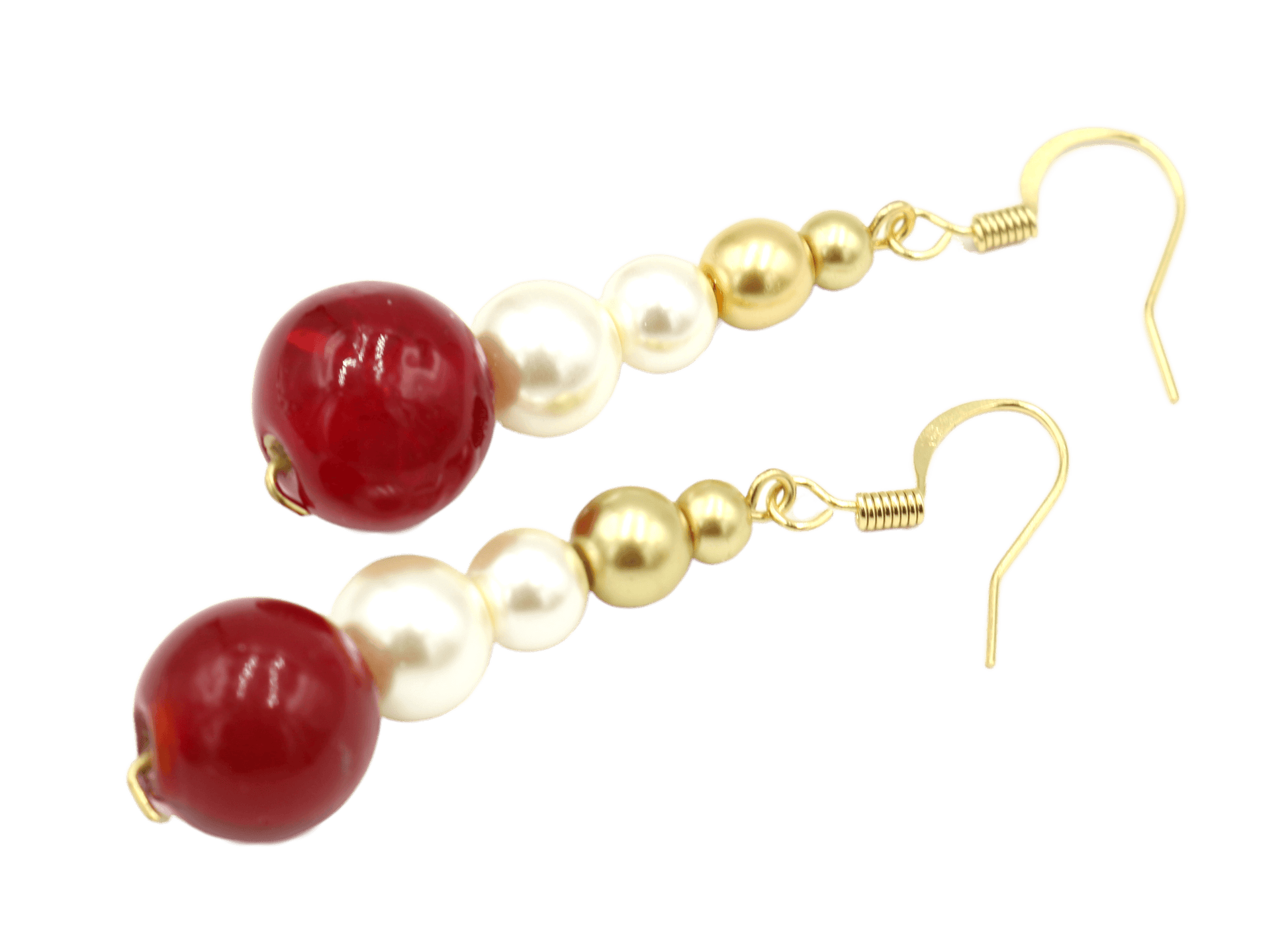 Cherry Delicious Bright Red Beads with Glass Pearl and Yellow Gold Toned Earrings - Monkeysmojo