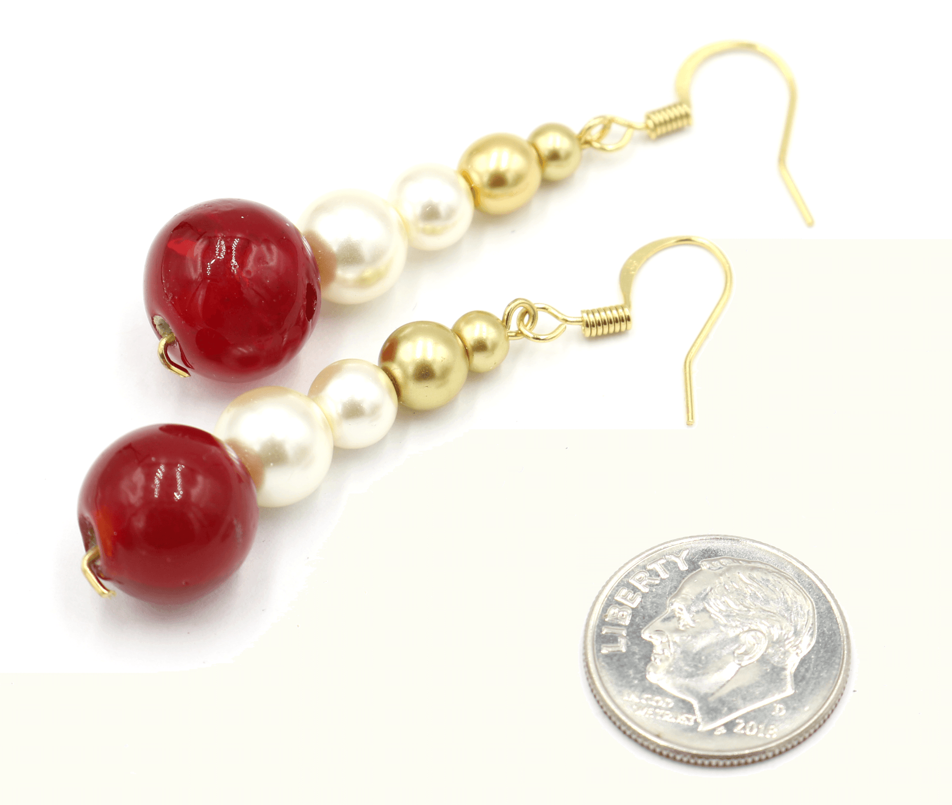 Cherry Delicious Bright Red Beads with Glass Pearl and Yellow Gold Toned Earrings - Monkeysmojo