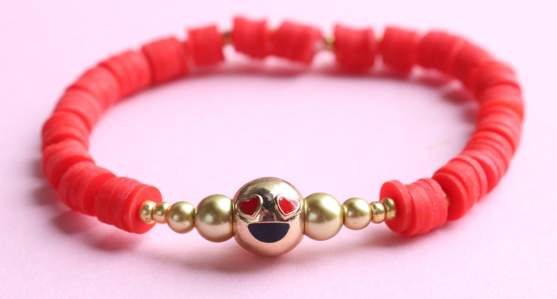 Love and Kisses XOXO 18K Gold Filled Heart Eye Emoji and Red Polymer Clay Bracelet - Monkeysmojo