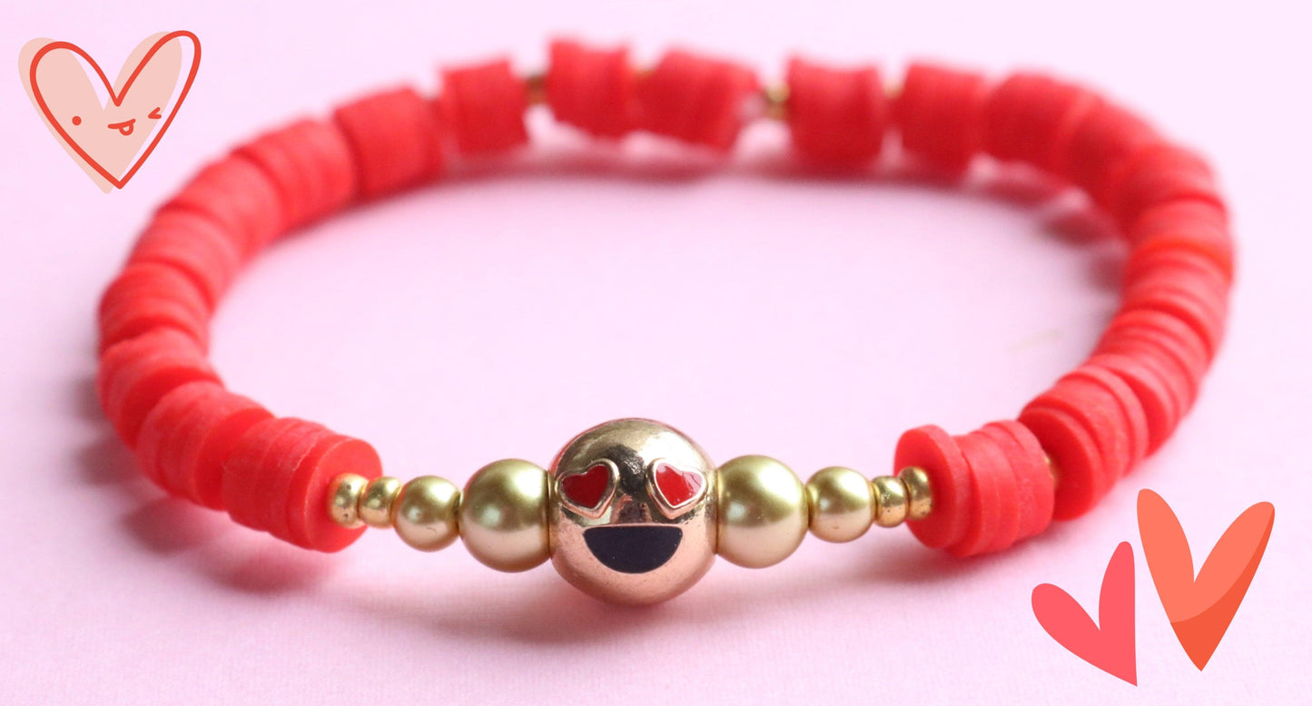 Love and Kisses XOXO 18K Gold Filled Heart Eye Emoji and Red Polymer Clay Bracelet - Monkeysmojo