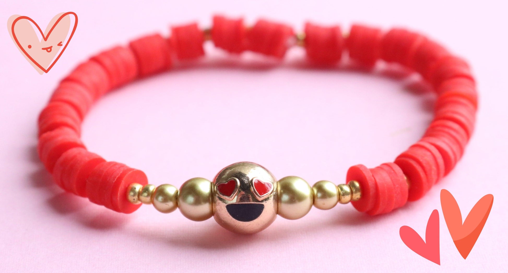 Love and Kisses XOXO 18K Gold Filled Heart Eye Emoji and Red Polymer Clay Bracelet - Monkeysmojo
